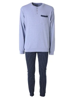 A Sette Pigiama lungo da uomo in cotone interlock con taschino e pantaloni a righe sottili - jeans