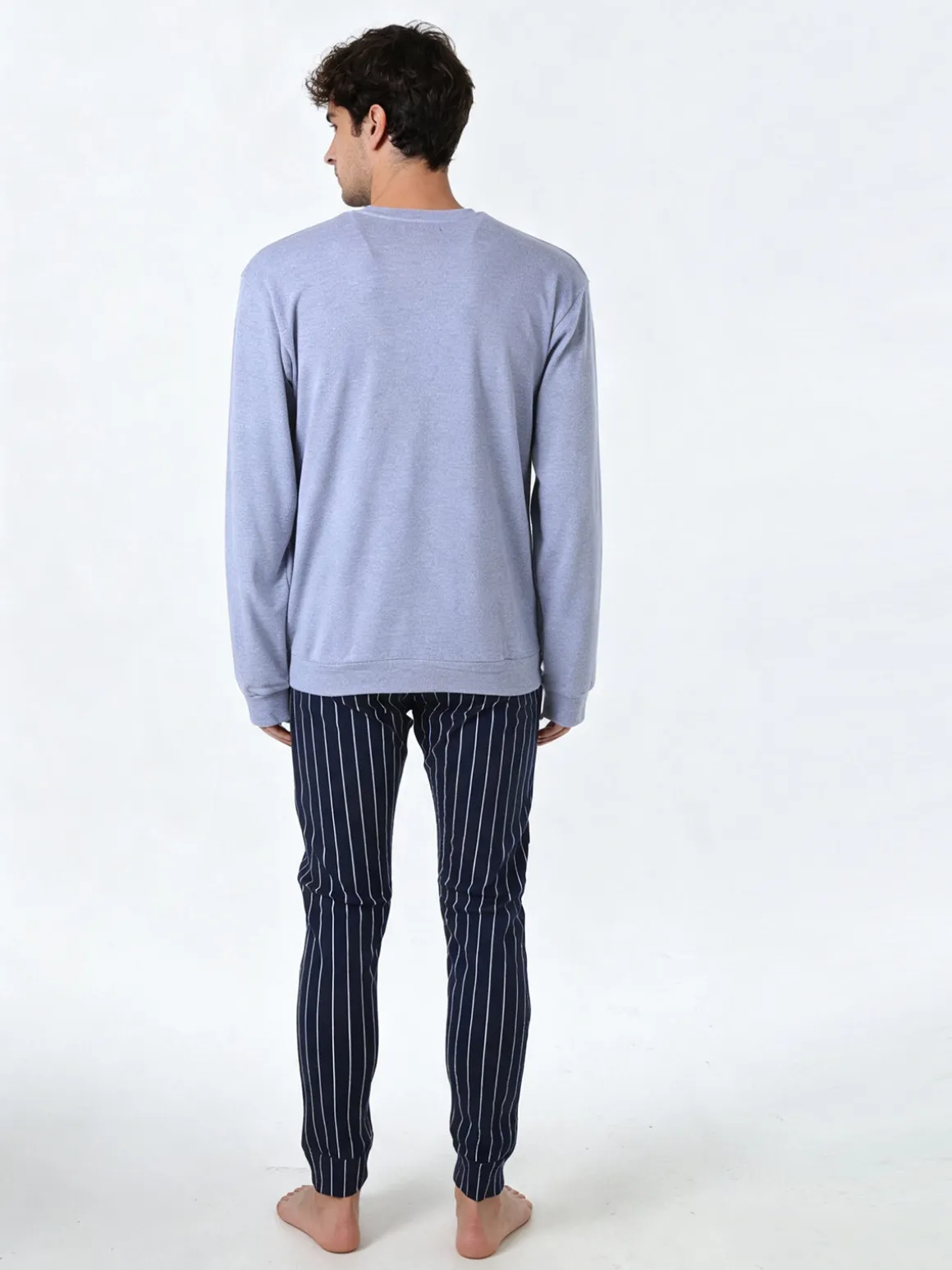 A Sette Pigiama lungo da uomo in cotone interlock con taschino e pantaloni a righe sottili - jeans