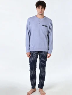 A Sette Pigiama lungo da uomo in cotone interlock con taschino e pantaloni a righe sottili - jeans