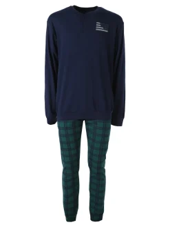 A Sette Pigiama lungo da uomo in cotone interlock con pantaloni a quadri - blu