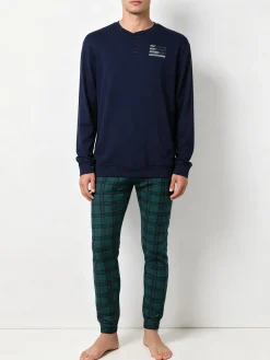 A Sette Pigiama lungo da uomo in cotone interlock con pantaloni a quadri - blu