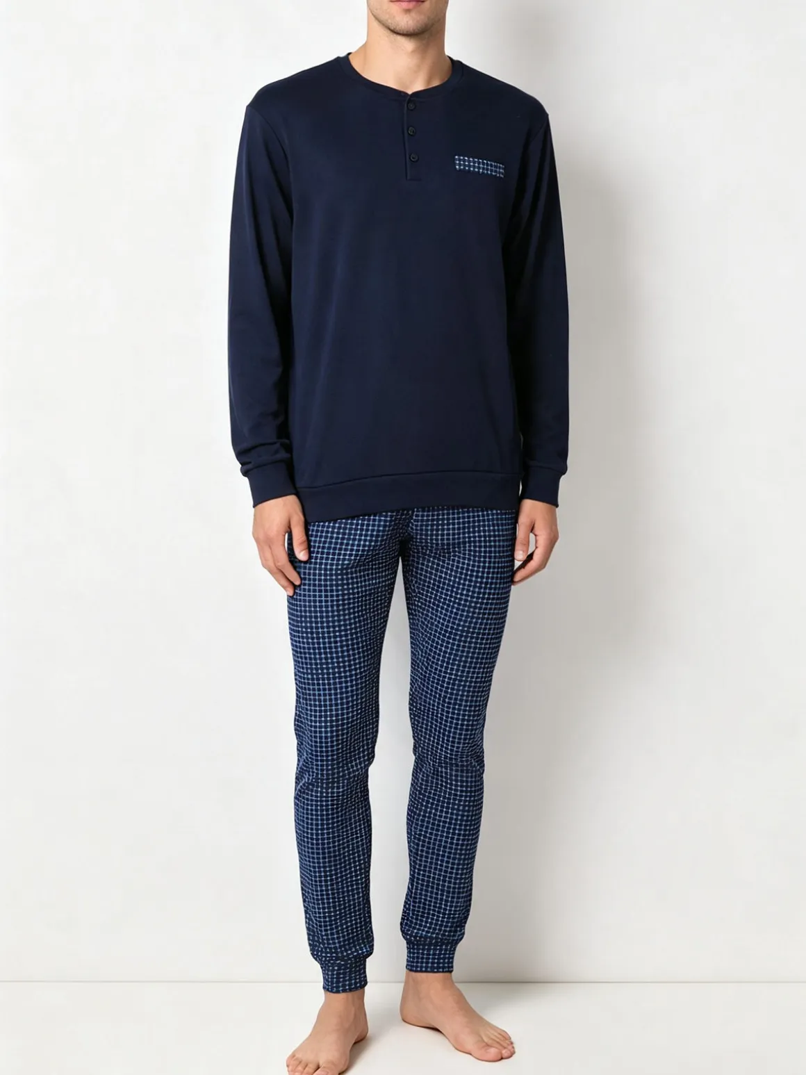 A Sette Pigiama lungo da uomo in cotone interlock con pantaloni a quadretti - blu scuro