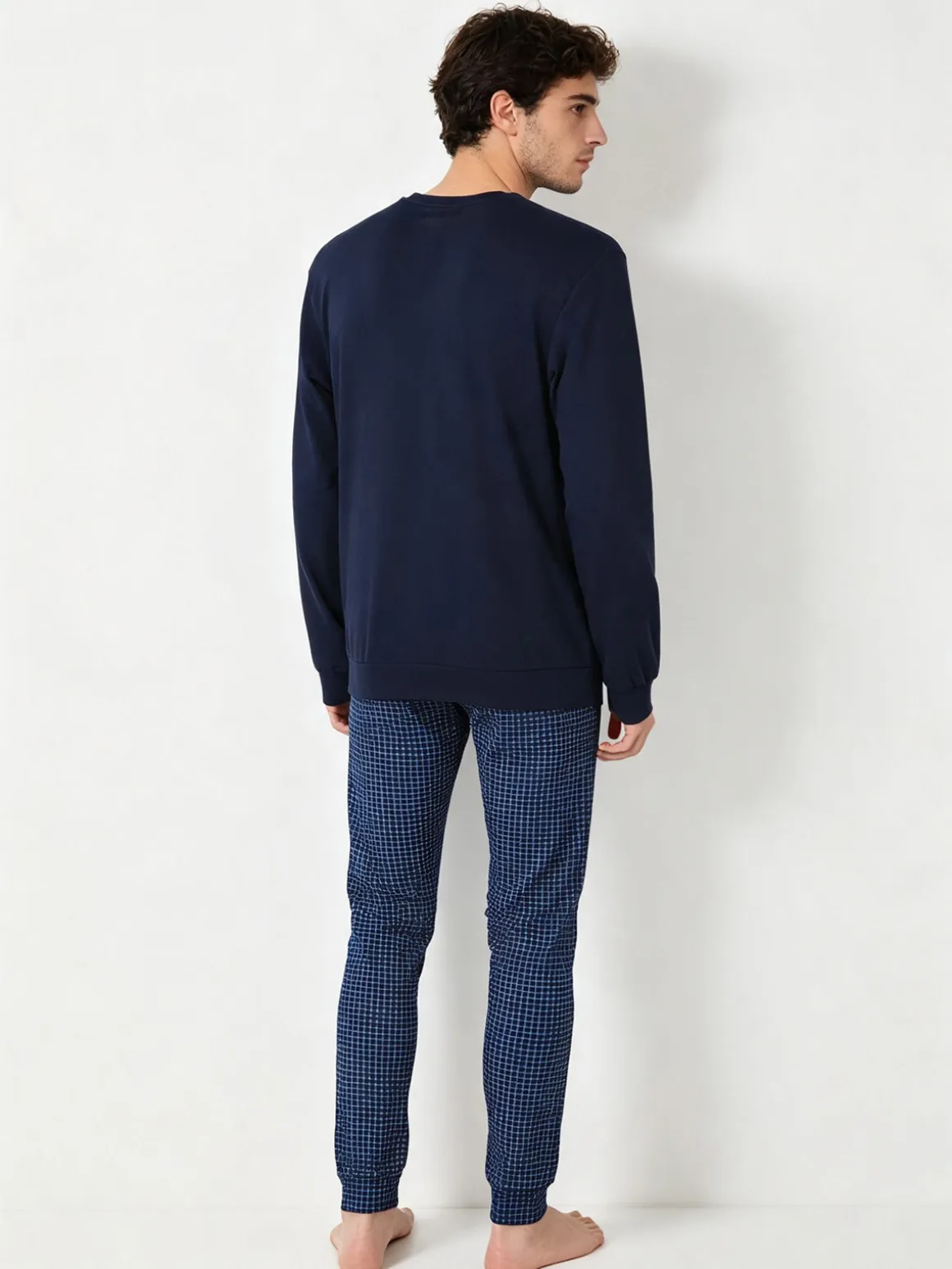 A Sette Pigiama lungo da uomo in cotone interlock con pantaloni a quadretti - blu scuro