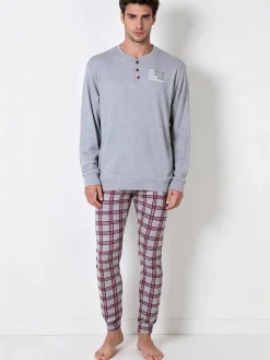 A Sette Pigiama lungo da uomo in cotone interlock con pantaloni a quadri - grigio
