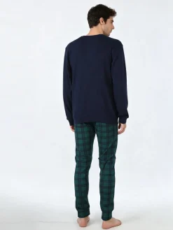 A Sette Pigiama lungo da uomo in cotone interlock con taschino e pantaloni a quadri - blu