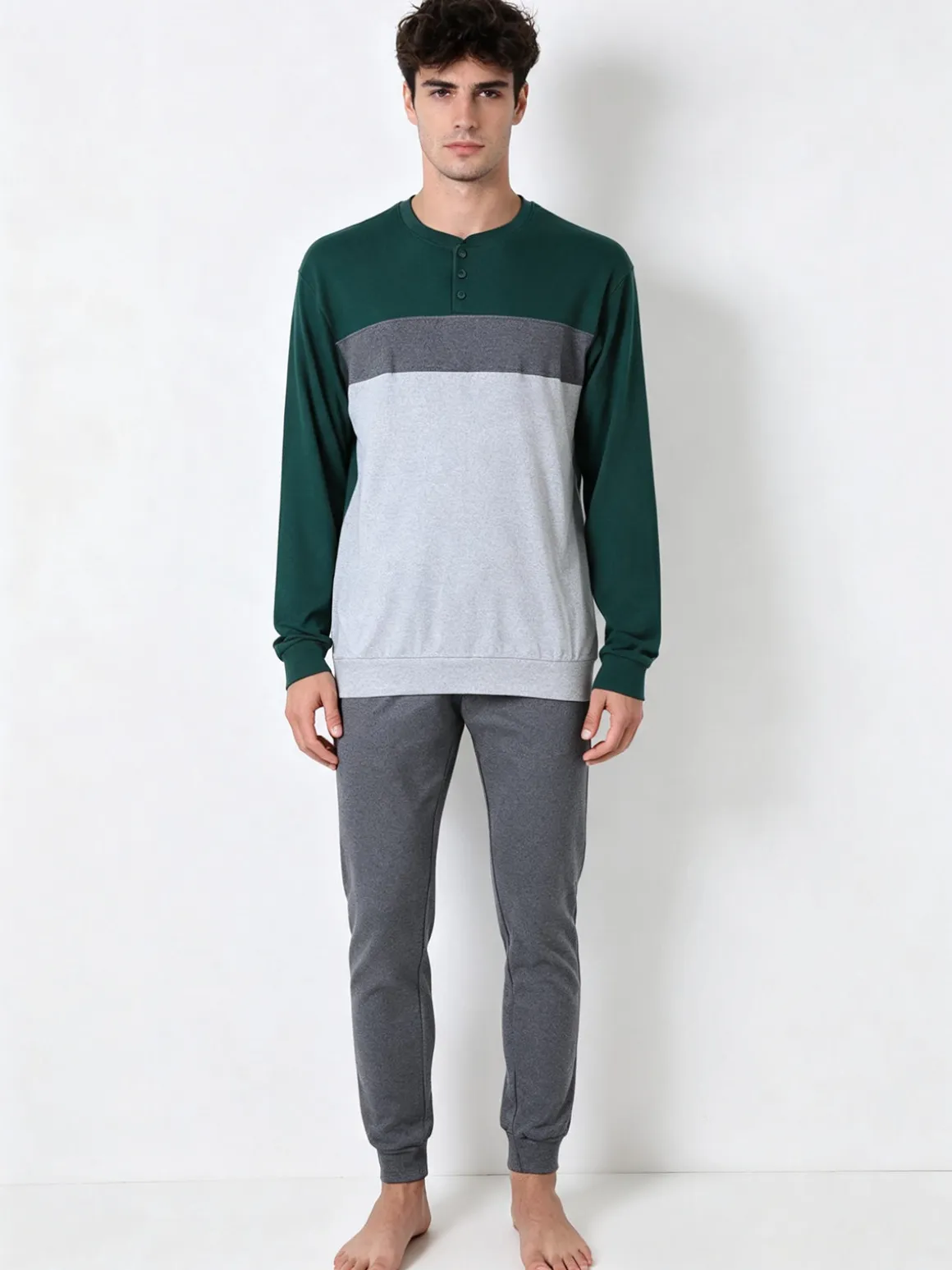 A Sette Pigiama lungo da uomo in cotone interlock con taschino e pantaloni a righe sottili - blu scuro