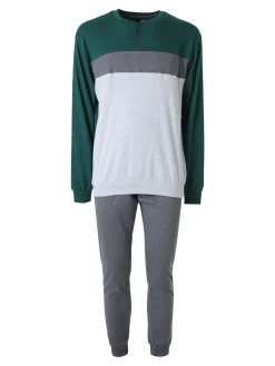 A Sette Pigiama lungo da uomo in cotone interlock con taschino e pantaloni a righe sottili - blu scuro