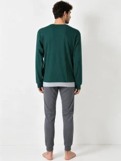 A Sette Pigiama lungo da uomo in cotone interlock con taschino e pantaloni a righe sottili - blu scuro