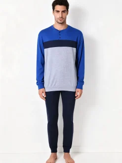 A Sette Pigiama lungo da uomo in cotone interlock a blocchi di colore - blu scuro