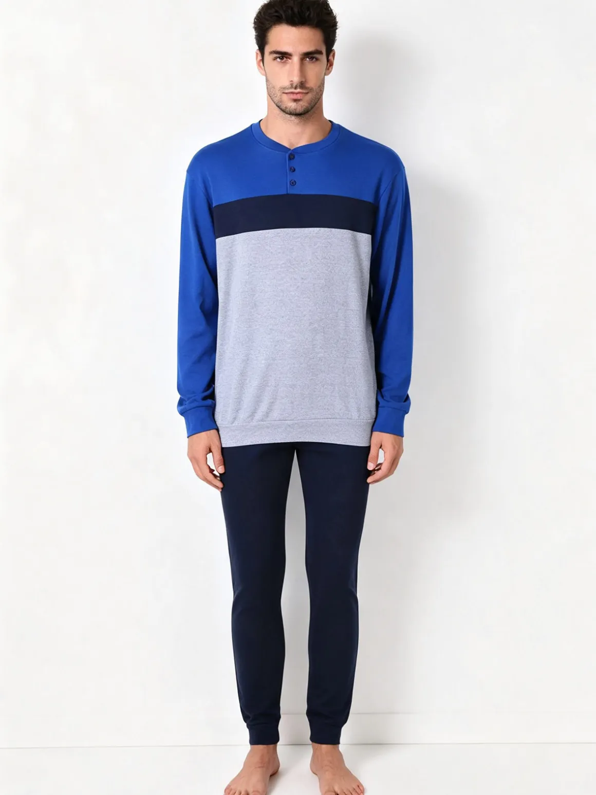 A Sette Pigiama lungo da uomo in cotone interlock a blocchi di colore - blu scuro
