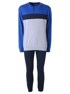 A Sette Pigiama lungo da uomo in cotone interlock a blocchi di colore - blu scuro