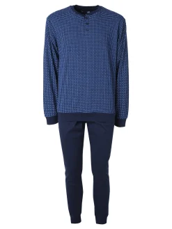 A Sette Pigiama lungo da uomo in cotone interlock con stampa a quadretti - blu scuro