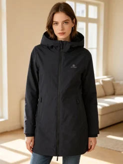 Athl Dpt Giubbotto lungo da donna impermeabile con cappuccio e zip - blu scuro