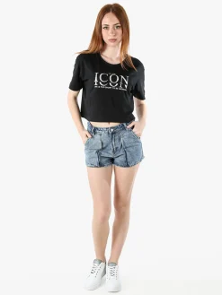 Athl Dpt T-shirt donna cropped in cotone con stampa - nero