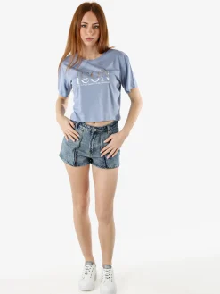 Athl Dpt T-shirt donna cropped in cotone con stampa - cielo