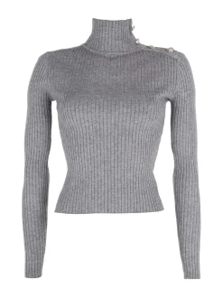 Attic Tricot Pullover donna dolcevita in maglia con bottoni decorativi sulla spalla