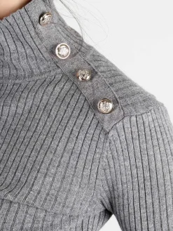 Attic Tricot Pullover donna dolcevita in maglia con bottoni decorativi sulla spalla