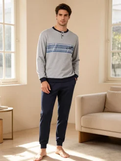 Australian Pigiama lungo da uomo in misto cotone interlock - blu scuro