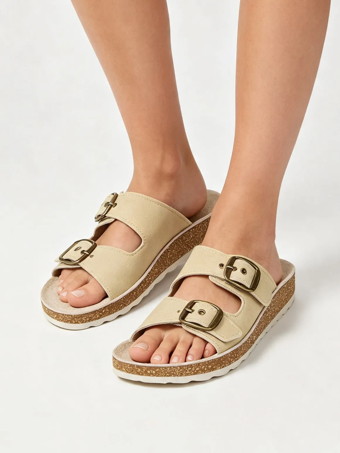 Axa Shoes Ciabatte donna con doppia fibbia e plantare in pelle - beige