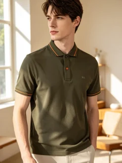 Baci & Abbracci Polo da uomo in cotone a maniche corte con logo davanti e dietro - militare
