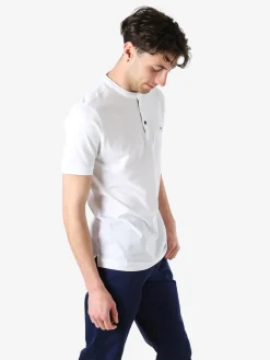 Baci & Abbracci T-shirt da uomo in cotone con bottoncini sullo scollo - bianco