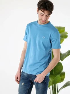 Baci & Abbracci T-shirt girocollo in cotone da uomo con logo - azzurro