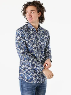Black Number Camicia floreale da uomo in cotone a maniche lunghe - blu