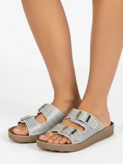 Blu Star Ciabatte da donna con doppie fibbie e micro borchie - argento