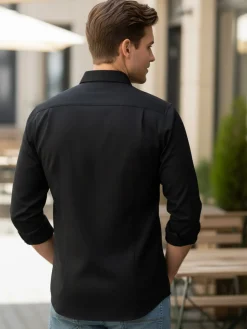Bread & Buttons Camicia da uomo a maniche lunghe in tessuto elastico no stiro - nero