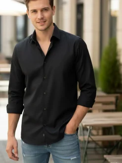 Bread & Buttons Camicia da uomo a maniche lunghe in tessuto elastico no stiro - nero
