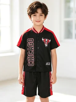 Bskt Completo da bambino sportivo con t-shirt con bottoni e bermuda