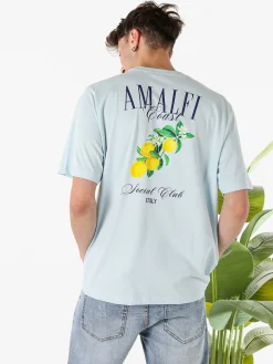 Buoncostume T-shirt in cotone da uomo con stampa AMALFI davanti e dietro - azzurro