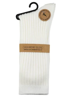 Cashmere Blend Calze lunghe donna a coste in misto cashmere - bianco
