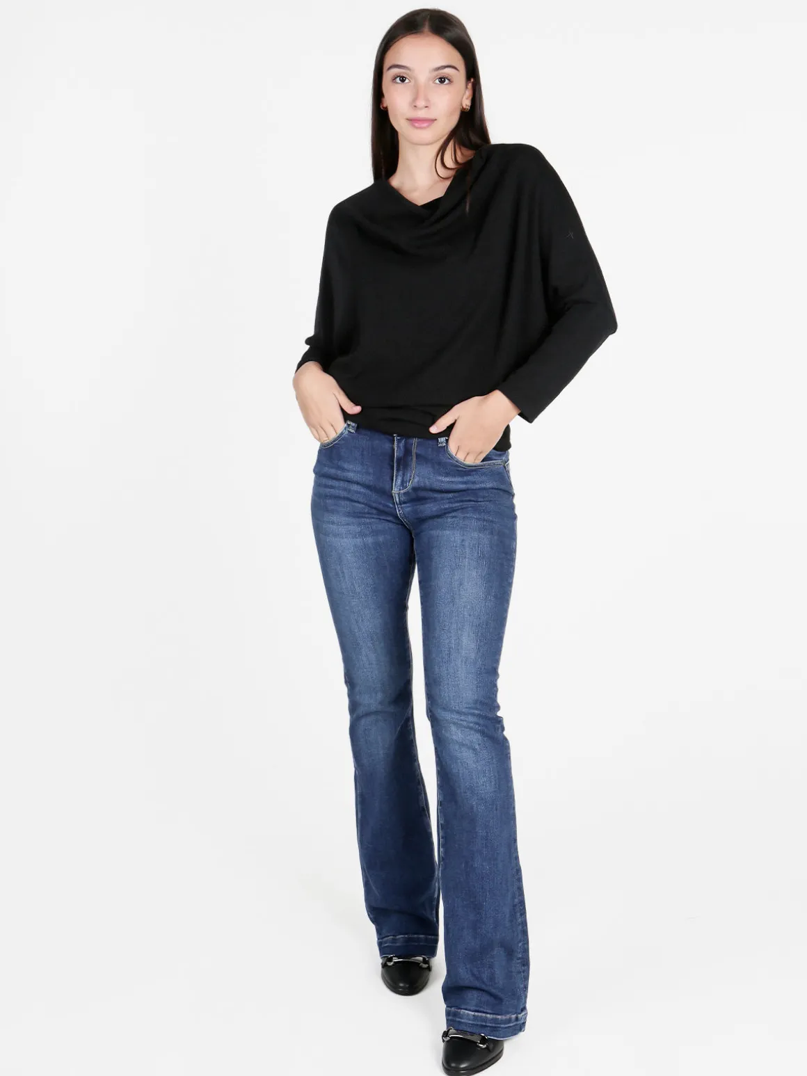 Caspiche Blusa donna con scollo a cascata e maniche a pipistrello