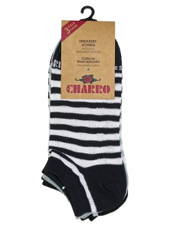 Charro Confezione da 3 paia di calze sneakers a righe da donna in cotone