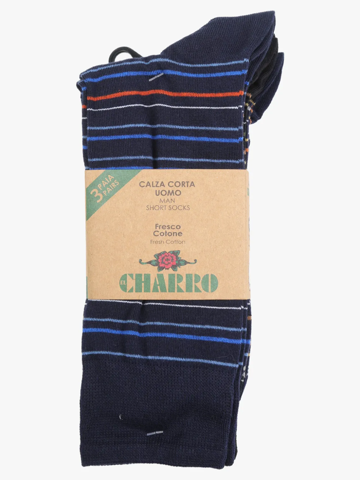 Charro Confezione da 3 paia di calze corte a righe da uomo in cotone