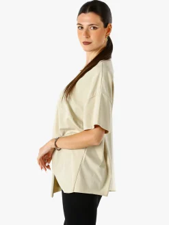 158c Maxi t-shirt da donna asimmetrica in cotone elasticizzato con bottoni decorativi - beige