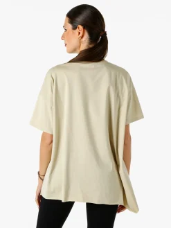 158c Maxi t-shirt da donna asimmetrica in cotone elasticizzato con bottoni decorativi - beige