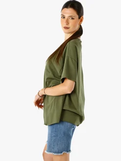 158c Maxi t-shirt da donna asimmetrica in cotone elasticizzato con bottoni decorativi - militare