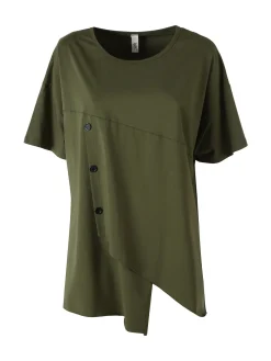 158c Maxi t-shirt da donna asimmetrica in cotone elasticizzato con bottoni decorativi - militare