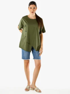 158c Maxi t-shirt da donna asimmetrica in cotone elasticizzato con bottoni decorativi - militare