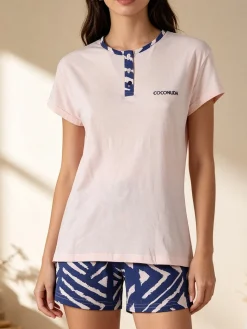 Coconuda Pigiama corto da donna in cotone con t-shirt e shorts a stampa - rosa