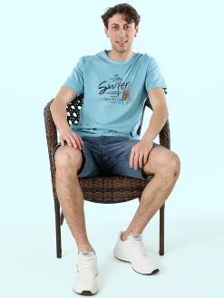 Cotton Belt T-shirt da uomo in cotone con stampa - turchese