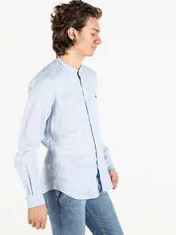 Coveri Collection Camicia in lino da uomo alla coreana con maniche lunghe
