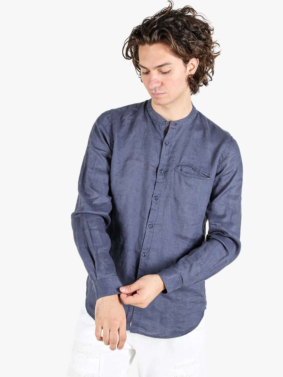 Coveri Collection Camicia in lino da uomo alla coreana con maniche lunghe