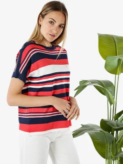 Coveri Moving Maglia donna rigata a maniche corte con bottoni decorativi - fragola