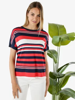 Coveri Moving Maglia donna rigata a maniche corte con bottoni decorativi - fragola