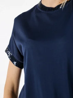 Coveri Moving Maglia girocollo da donna a maniche corte con paillettes decorative - blu scuro