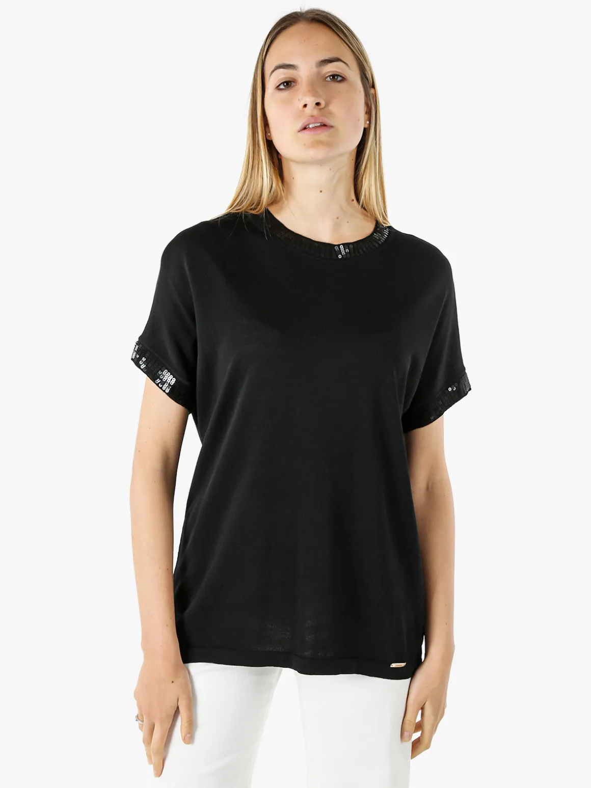Coveri Moving Maglia girocollo da donna a maniche corte con paillettes decorative - nero