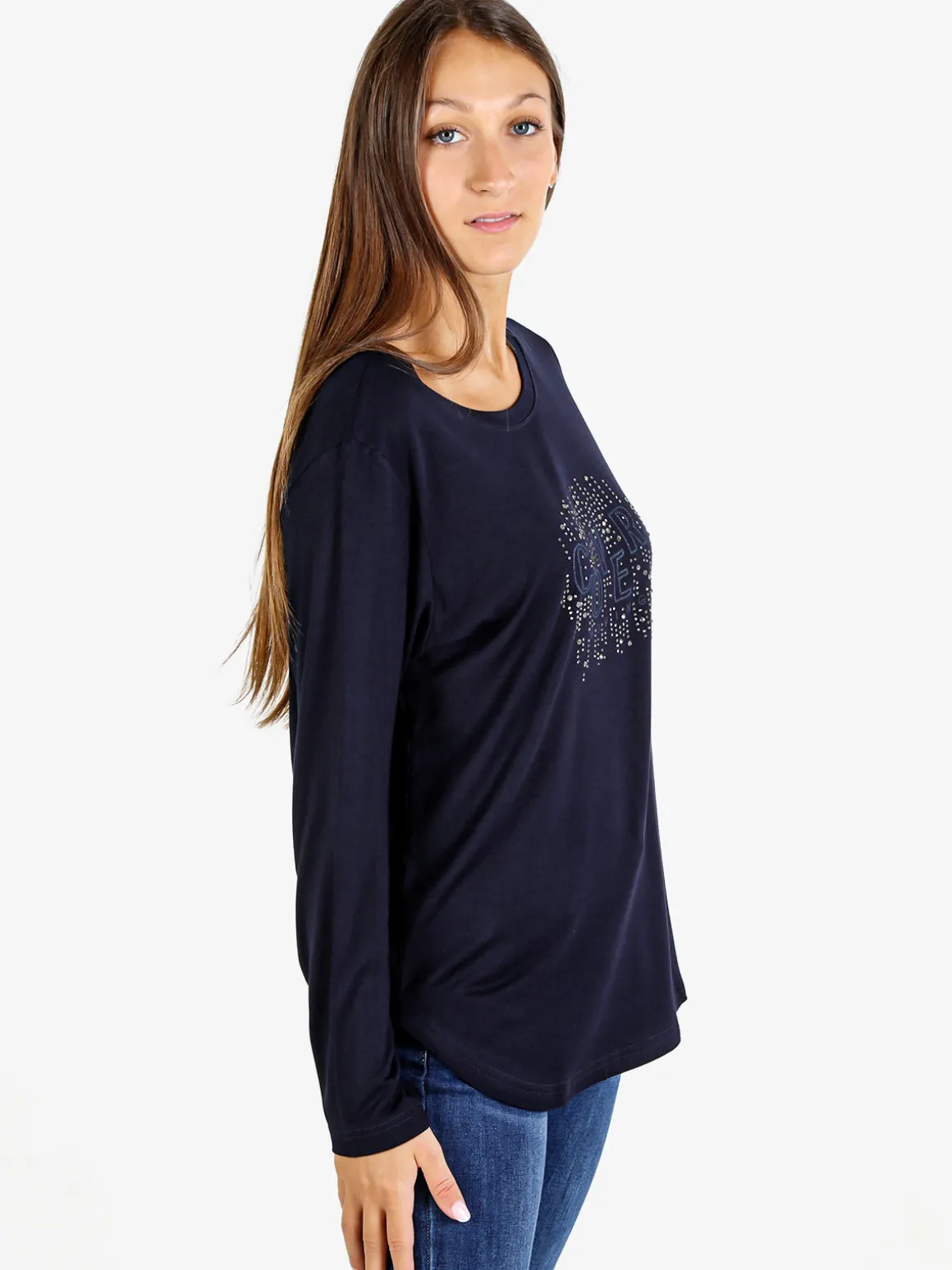 Coveri Moving T-shirt donna a maniche lunghe con strass - blu scuro